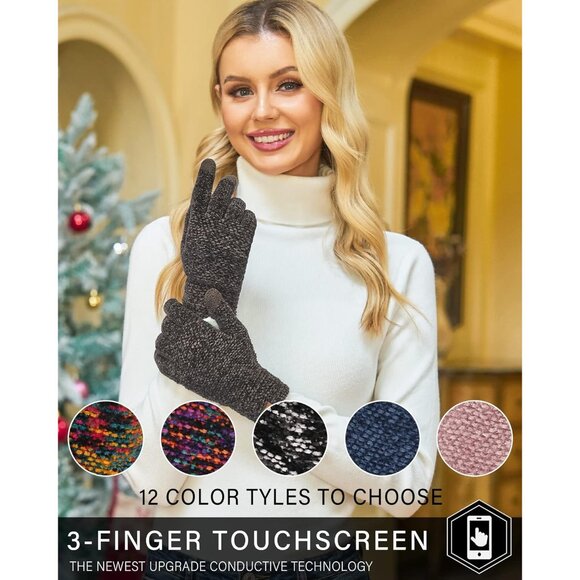 Women's Coffee Chenille Stretchy Elastic Cuff Knit Winter Cold Weather Gloves - Picture 5 of 6